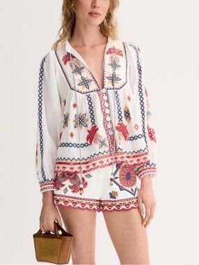 Farm Rio Mary Tiles Embroidered Blouse - Size L sold out everywhere!!!